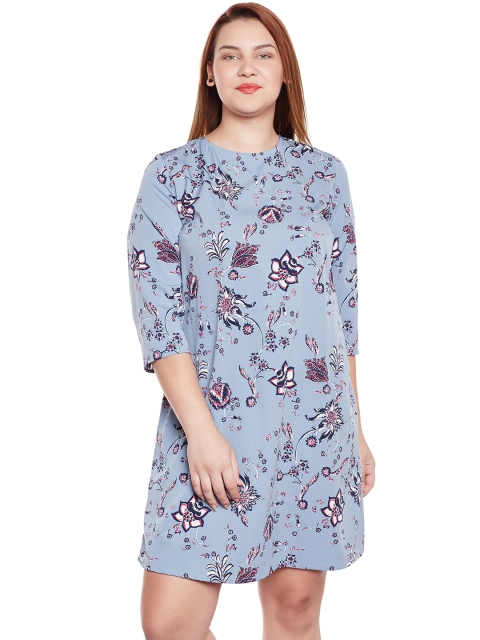 

JUNAROSE Plus Size Women Blue Printed A-Line Dress