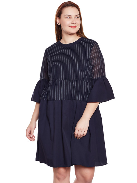 

JUNAROSE Plus Size Women Navy Striped A-Line Dress, Navy blue