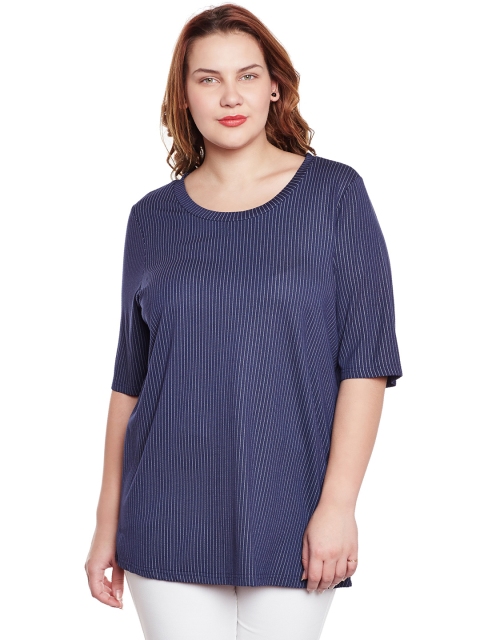 

JUNAROSE Plus Size Women Navy Blue Striped Round Neck T-shirt