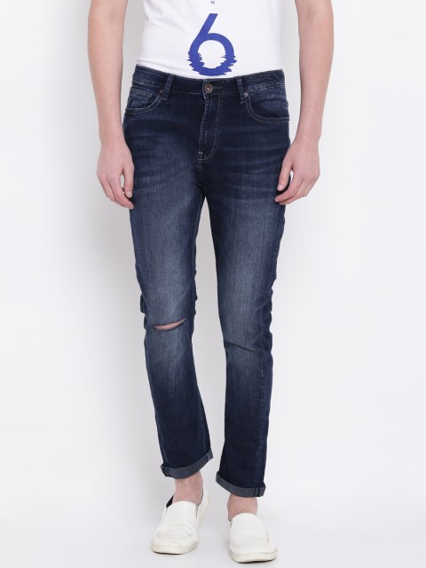 

United Colors of Benetton Men Navy Carrot Fit Mid-Rise Slash Knee Stretchable Jeans, Navy blue