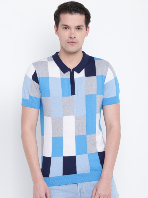 

United Colors of Benetton Men Blue & Grey Melange Checked Polo Collar T-shirt