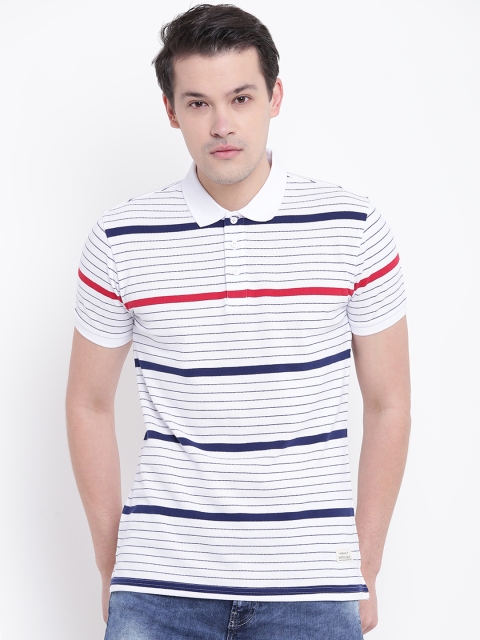 

United Colors of Benetton Men White & Navy Striped Polo Collar T-shirt
