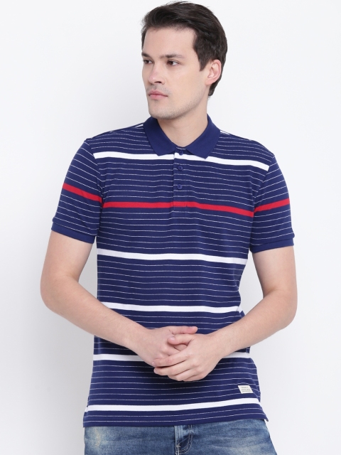 

United Colors of Benetton Men Navy Blue & White Striped Polo Collar T-shirt