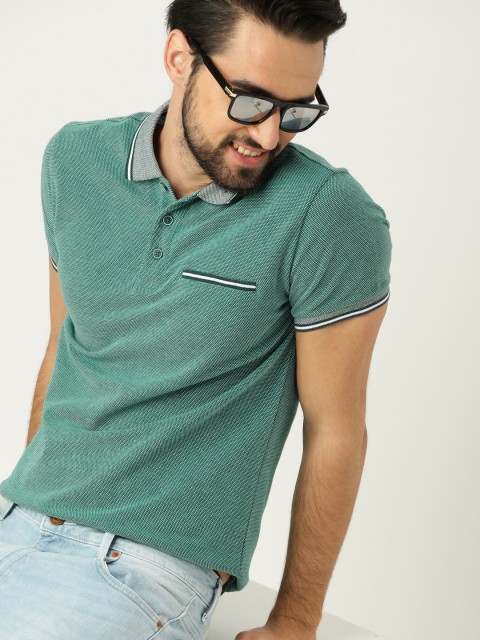 

United Colors of Benetton Men Green Self-Design Polo Collar T-shirt