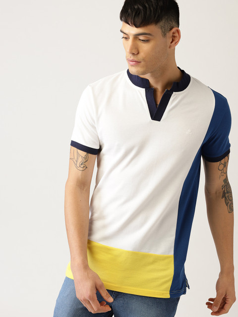 

United Colors of Benetton Men White & Yellow Colourblocked Stand Collar T-shirt