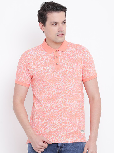 

United Colors of Benetton Men Peach-Coloured & White Printed Polo Collar T-shirt
