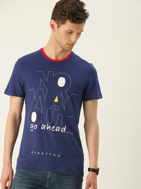 

United Colors of Benetton Men Navy Blue & White Printed Round Neck T-shirt