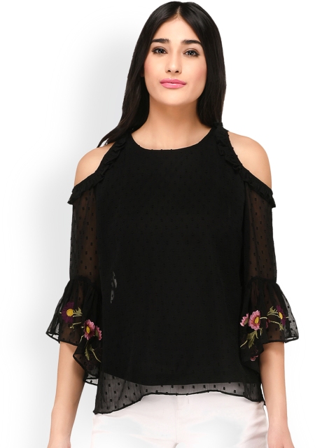 

PURYS Women Black Self Design Cold-Shoulder A-Line Top