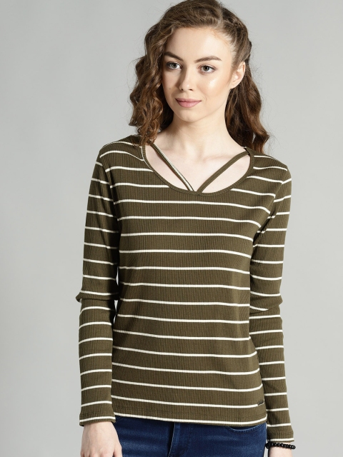 

Roadster Women Olive Green & Off-White Striped Top