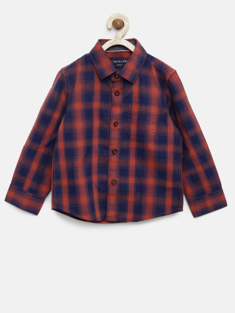 

SCULLERS Boys Navy Blue & Rust Regular Fit Checked Casual Shirt