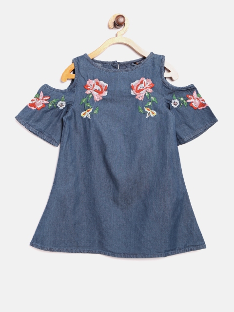 

SCULLERS Girls Blue Self Design Denim A-Line Dress