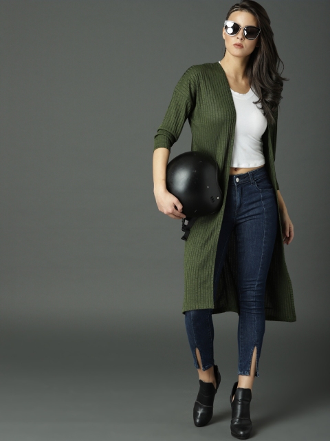 

Roadster Olive Green Striped Open Front Shrug