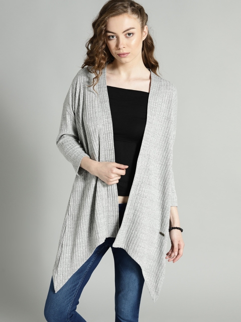 

Roadster Grey Melange Self-Striped Open Front Shrug