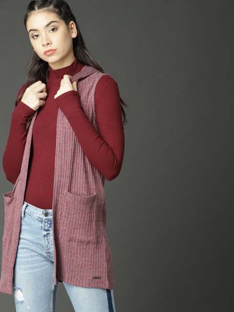 

Roadster Women Pink Ribbed Sleeveless Shrug