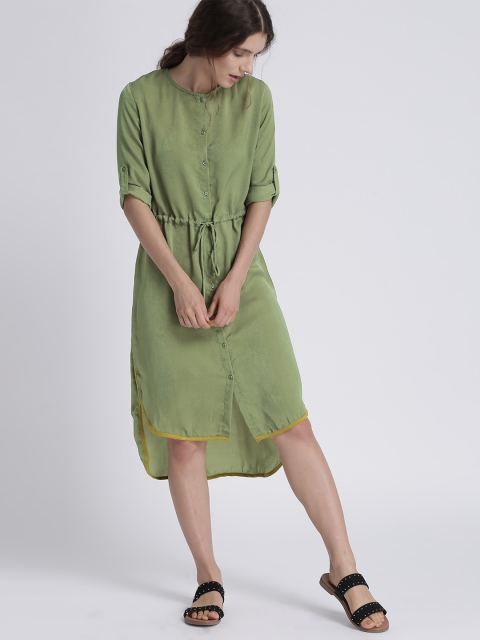 

Chemistry Women Olive Green Solid Shirt Dress