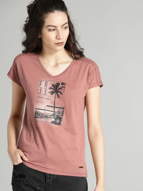 

Roadster Women Pink Printed Pure Cotton Top
