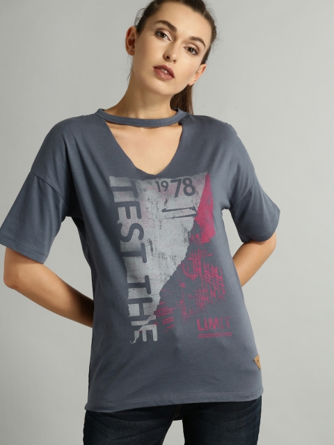 

Roadster Women Blue Printed High-Low Longline Top