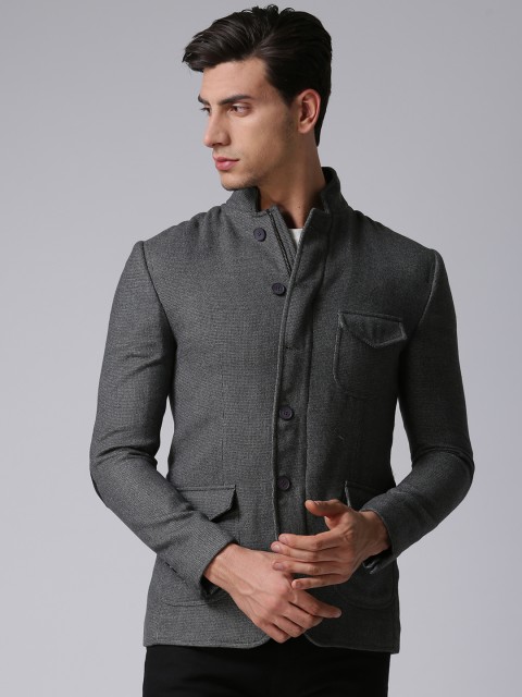 

True Blue Men Grey Self Design Slim Fit Single Breasted Casual Blazer