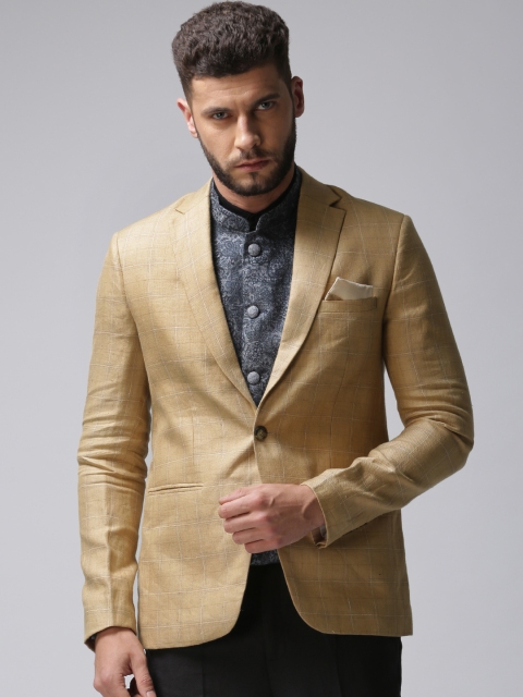 

True Blue Beige Checked Slim Fit Linen Singe-Breasted Casual Blazer