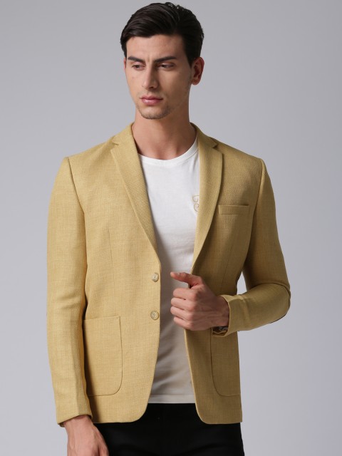 

True Blue Mustard Yellow Self-Design Slim Fit Single-Breasted Smart Casual Blazer