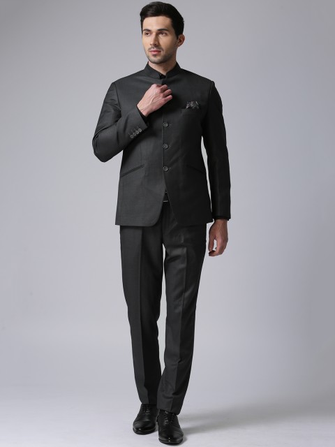

True Blue Men Charcoal Grey Solid Single Breasted Regular Fit Ethnic Bandhgala Suit