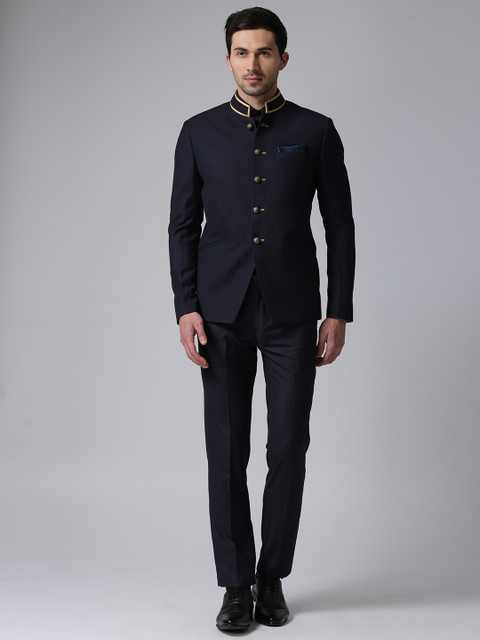 

True Blue Men Navy Single-Breasted Regular Fit Ethnic Bandhgala Suit, Navy blue