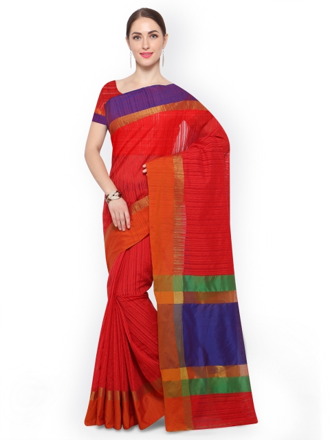 

Saree mall Red Silk Cotton Striped Chanderi Saree