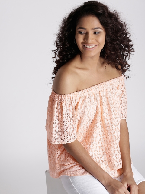 

Chemistry Women Peach-Coloured Lace Bardot Top