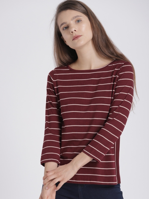 

Chemistry Women Maroon Striped Round Neck T-shirt