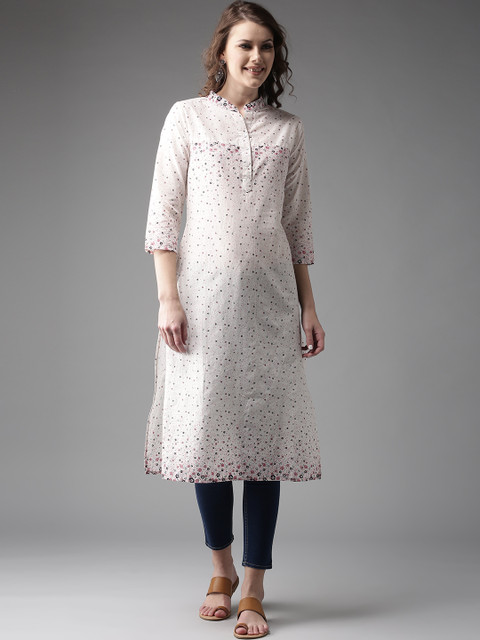 

HERE&NOW Women White & Pink Floral Printed Straight Kurta