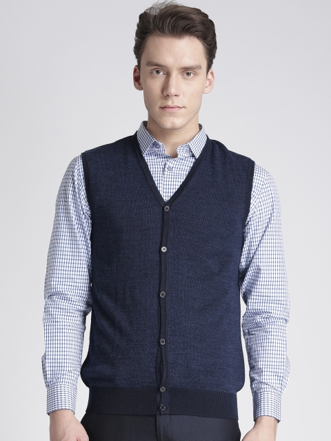 

Splash Men Navy Blue Self-Design Sleeveless Cardigan