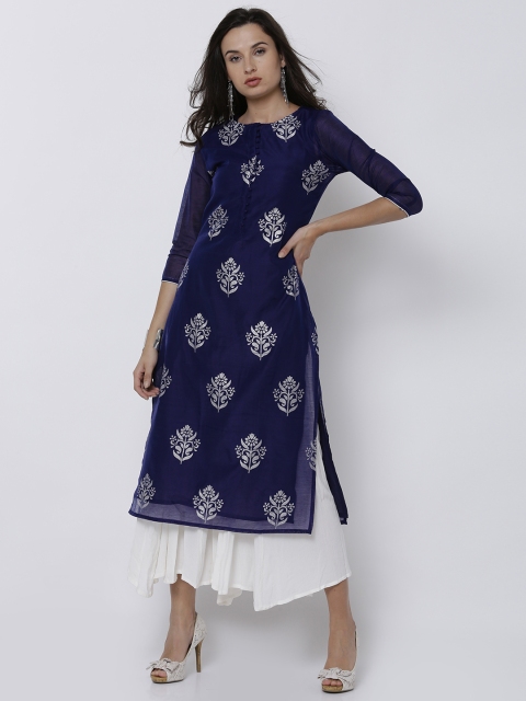 

Vishudh Women Navy Blue & Silver-Toned Printed Straight Kurta