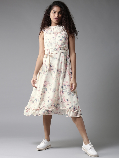 

Moda Rapido Women Off-White Floral Print Layered Midi Fit and Flare Dress