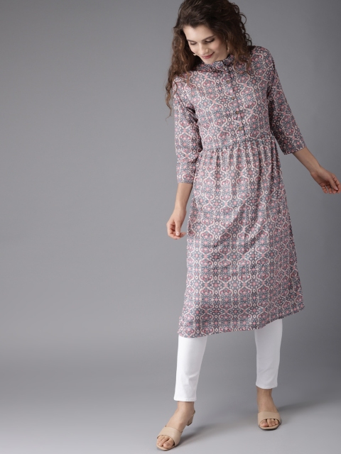 

Moda Rapido Women Blue & Peach-Coloured Ethnic Print Straight Kurta