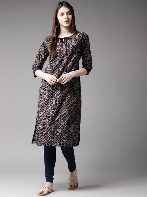 

HERE&NOW Women Black & Purple Printed Straight Kurta