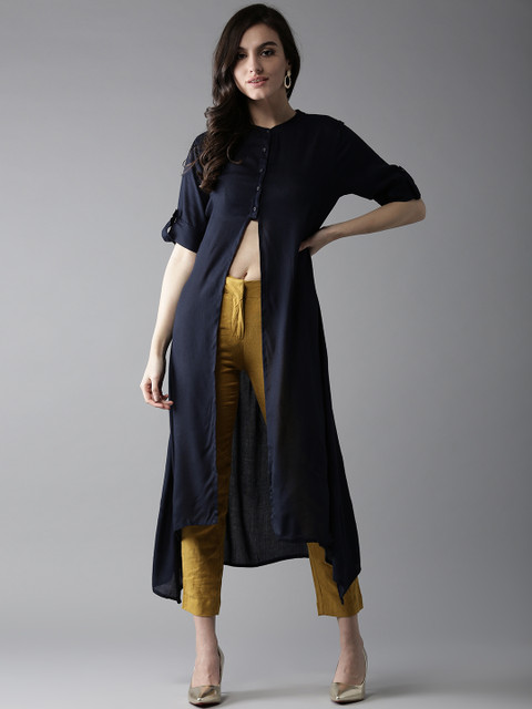 

HERE&NOW Women Navy Blue Solid High Slit A-Line Kurta