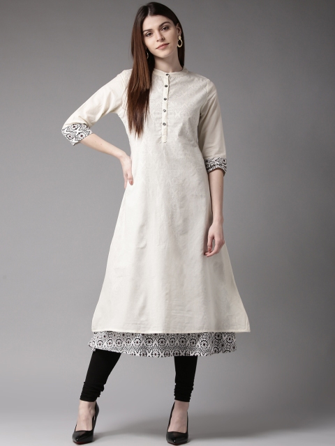 

HERE&NOW Women Off-White & Black Printed Detail Layered A-Line Kurta