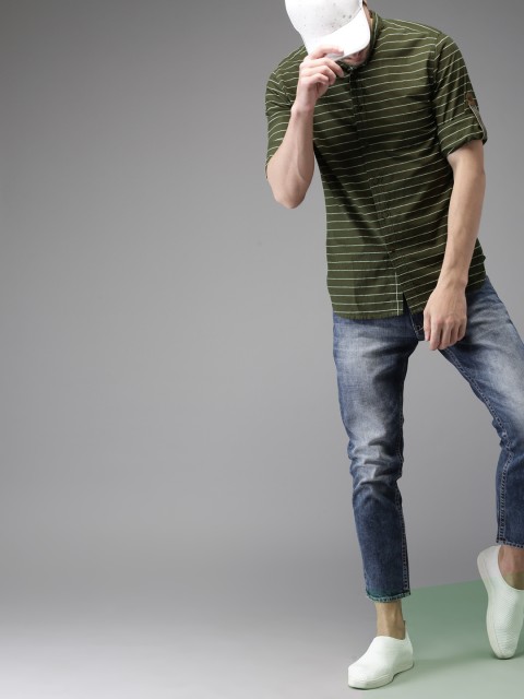 

HERE&NOW Men Olive Green & White Regular Fit Striped Casual Shirt
