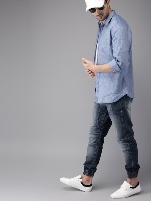 

HERE&NOW Men Cotton Linen Blue Regular Fit Casual Shirt