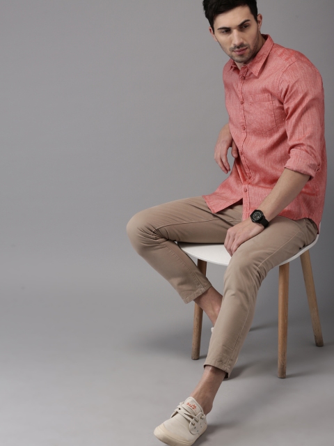 

HERE&NOW Men Cotton Linen Red Regular Fit Casual Shirt