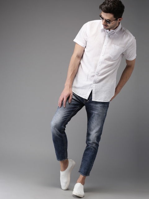 

HERE&NOW Men White Cotton Linen Regular Fit Solid Casual Shirt