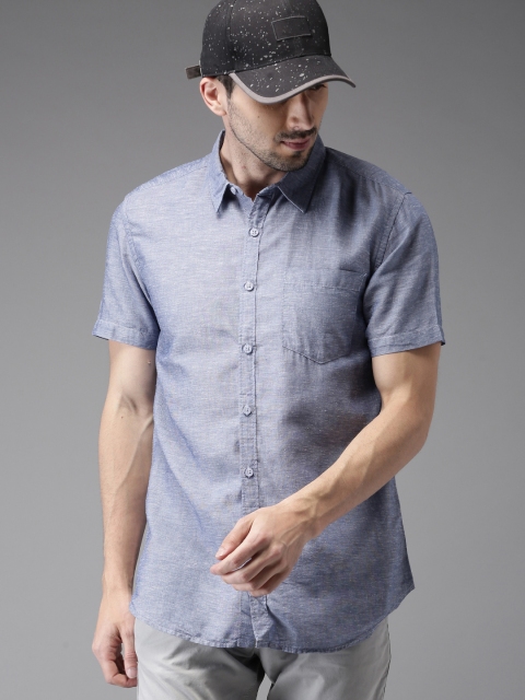 

HERE&NOW Men Blue Regular Fit Solid Casual Cotton Linen Shirt