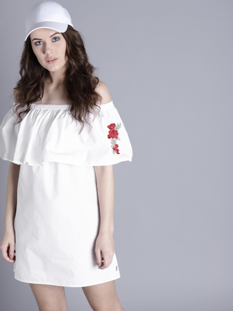 

Kook N Keech Women White Solid Off-Shoulder A-Line Dress