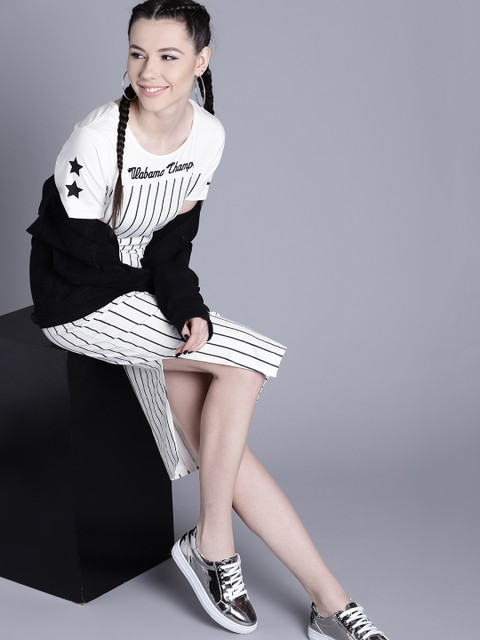 

Kook N Keech Women White & Black Striped T-shirt Dress
