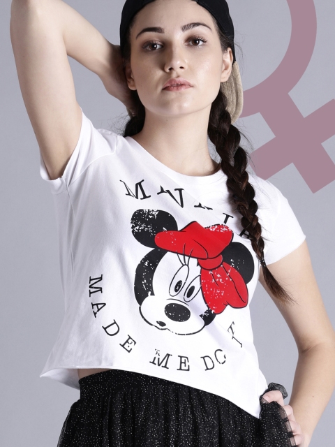 

Kook N Keech Disney Women White Printed Round Neck Crop Pure Cotton T-shirt