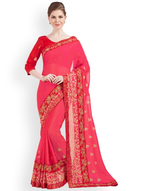 

Indian Women Pink Embroidered Pure Chiffon Saree