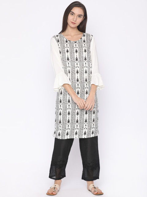 

AKKRITI BY PANTALOONS Women White & Black Printed A-Line Kurta