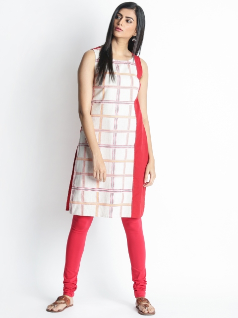 

RANGMANCH BY PANTALOONS Women Beige & Red Checked A-Line Handloom Kurta