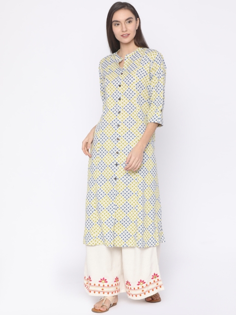 

RANGMANCH BY PANTALOONS Women Off-White & Green Printed A-Line Kurta