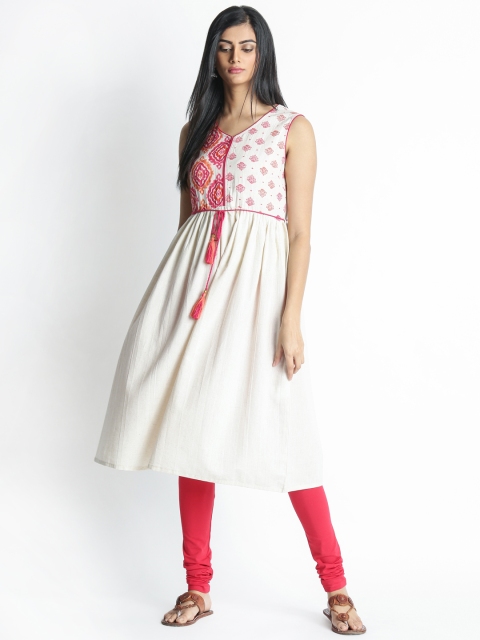 

RANGMANCH BY PANTALOONS Women Beige Yoke Design A-Line Kurta